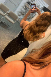 Short Asymmetrical Black and White Sequined Homecoming Dress